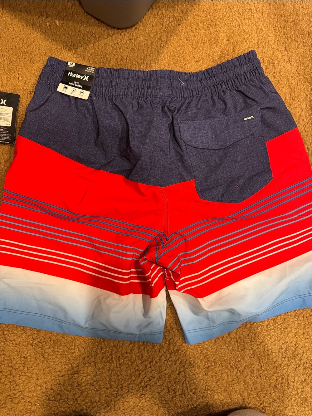 Hurley Men’s Red, Navy & Light Blue Striped Swim Trunks - Picture 3 of 6